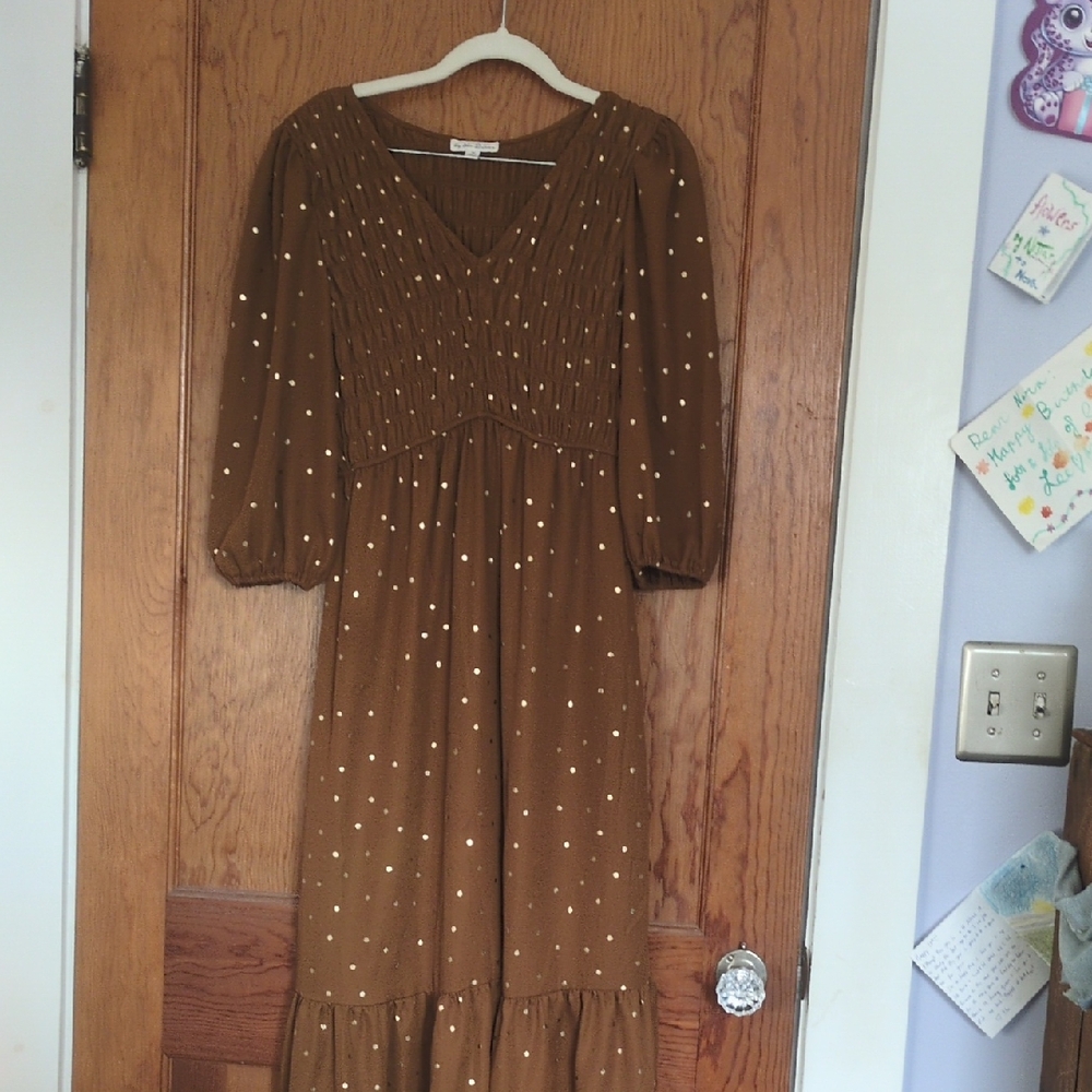 Elegant, rich brown 3/4  Sleeve midi length  dress with gold dots